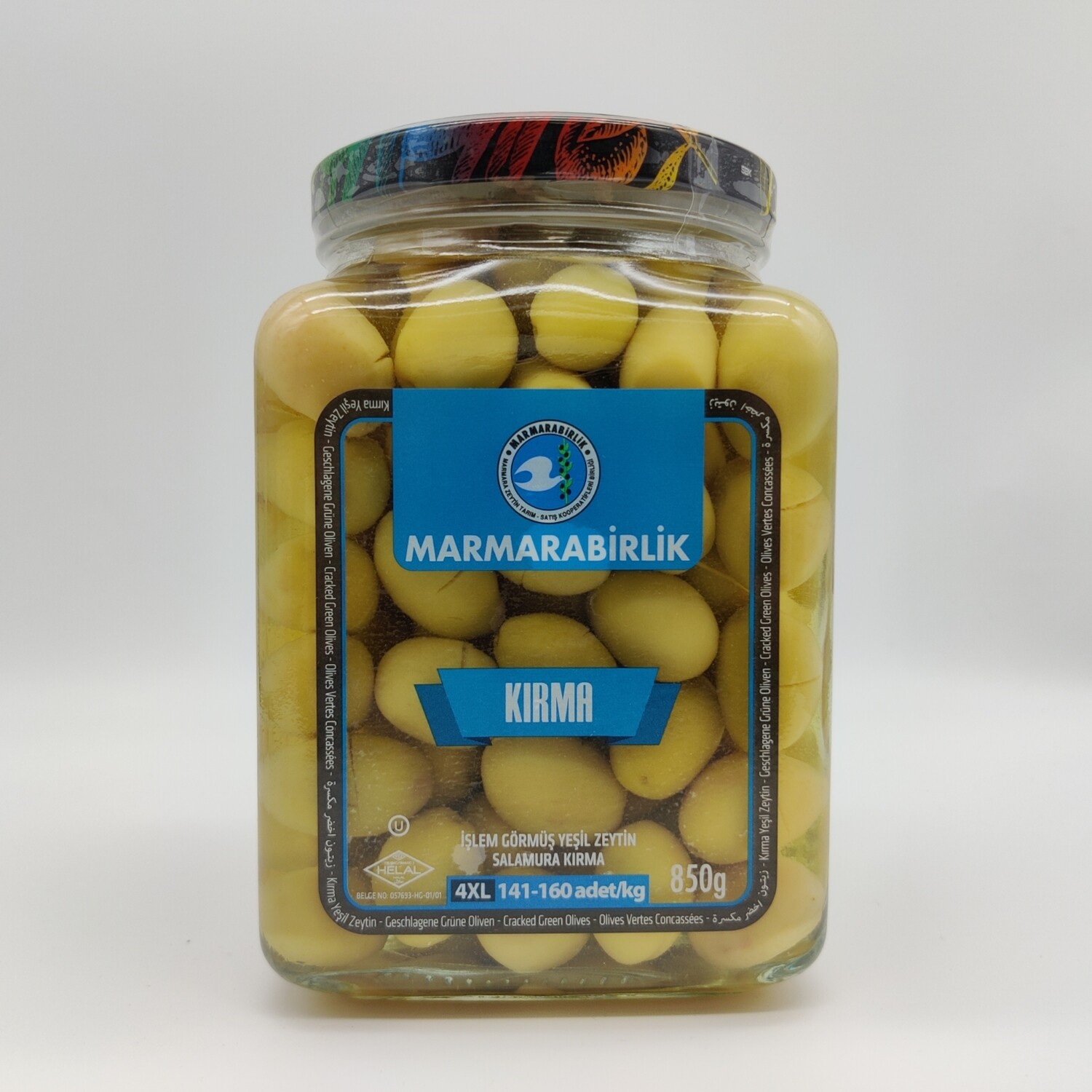 MB Marmara Birlik Green Olives 4XL Cracked (141-160) 850g Glass