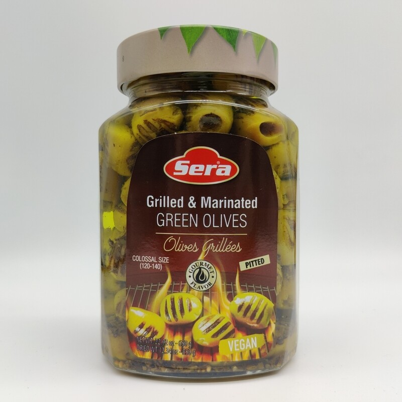 SERA Marinated &amp; Grilled Pitted Green Olives 650g 750mL