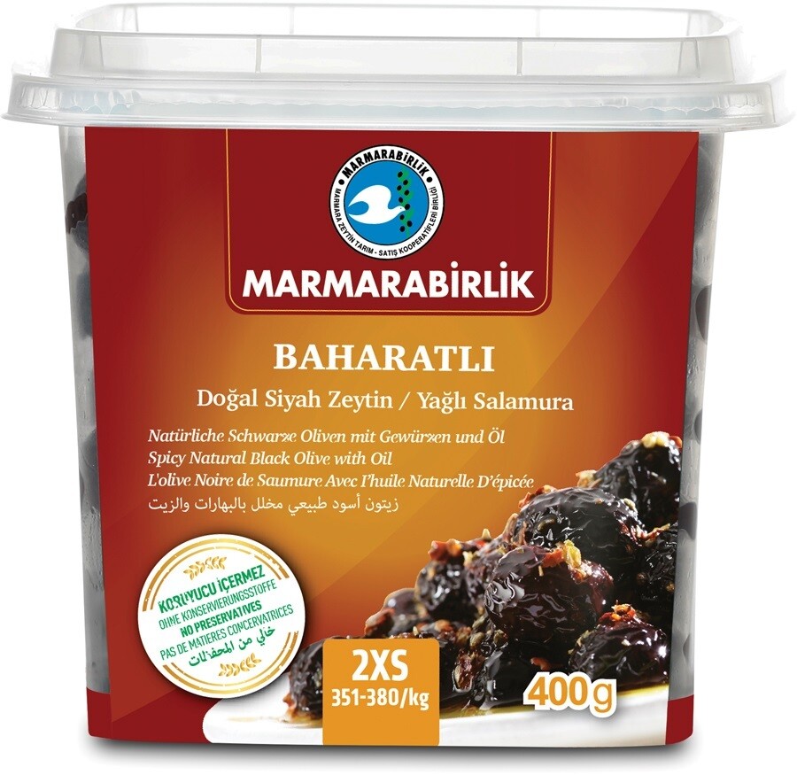 MB Marmara Birlik Gemlik Black Olives 2XS Cesnili (351-380) 400g Plastic