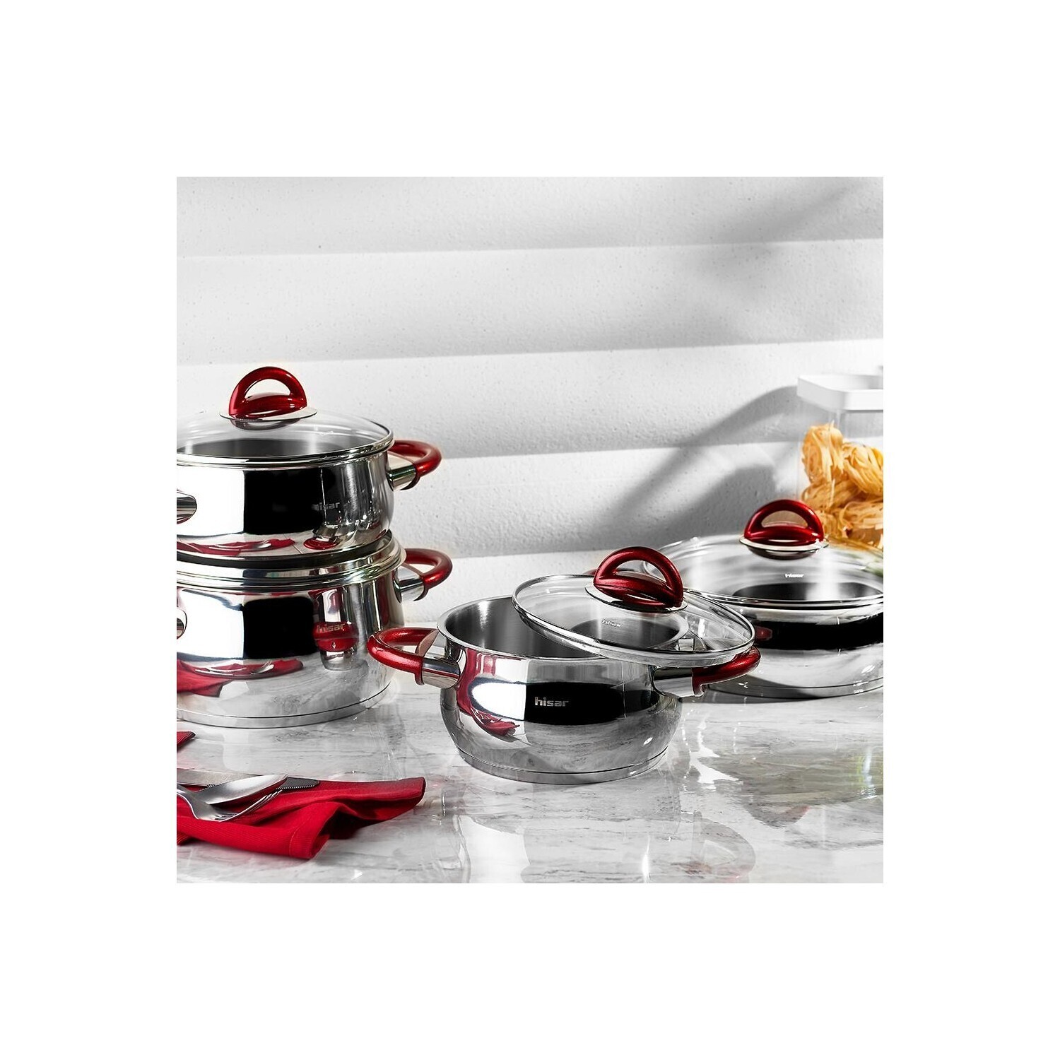 open box - HISAR Bahama Ideal Red Pot Set, 8 Pcs. (18X9p/20x10p/22x12p/24x8p)