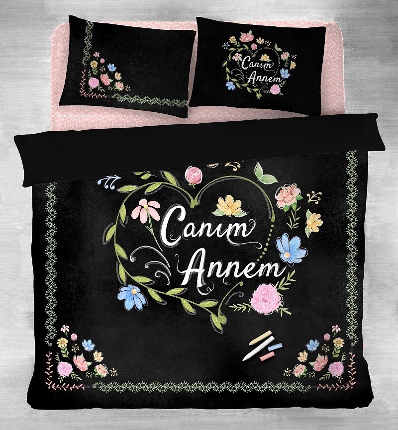 OZDILEK Nevresim Takimi - Linen Set Ranforce Cift Kisilik - Queen Siyah Canim Annem (Ozel)