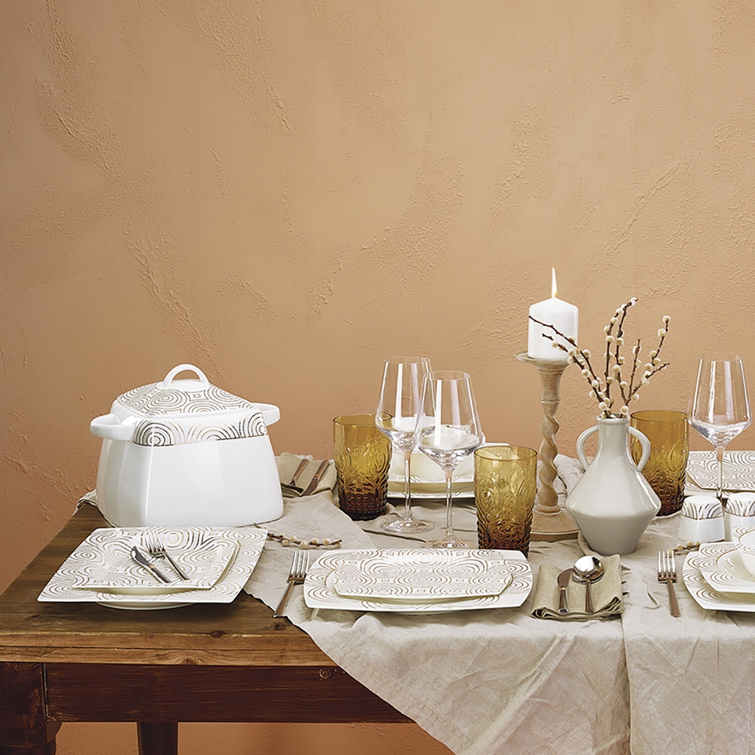 KARACA Fine Bone Rozenn Gold 60pcs Dinnerware Set Square