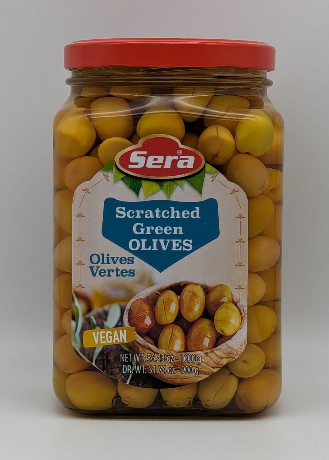 Sera Scratched Green Olives, Angle 1.