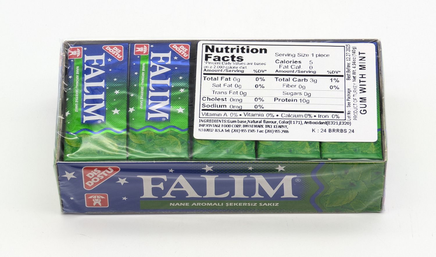 Dandy FALIM Mint Flavored Sugar-Free Gum - Nane Aromali Sekersiz Sakiz 140g/100pcs (20 x 7g/5pcs)