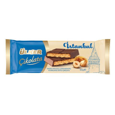 ULKER Istanbul Milk chocolate with hazelnut filling, crispy shredded kadaifi, and baklava 92gr