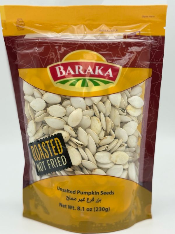 BARAKA Unsalted Roasted Pumpkin Seeds – 8.1 oz (Not Fried)