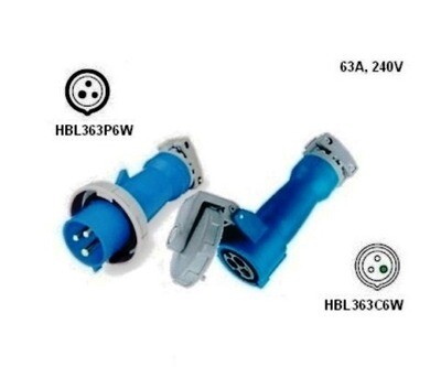 HBL363P6W Pin and sleeve male 2P3W 63A 240V marine IEC blue Hubbell