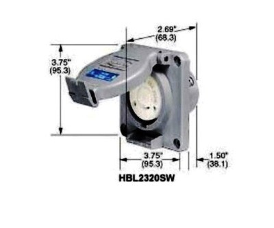 HBL2320SW Receptacle twist-lock single 2P3W 20A 250V watertight (L6-20R) black Hubbell