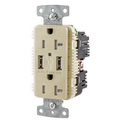 USB20A5I Receptacle straight blade USB 2P/3W 20A 125V (5-20R) (High power 5A 5V USB output) ivory Hubbell