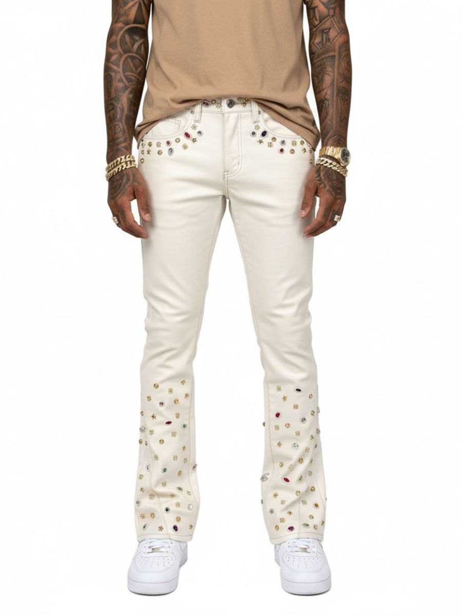 PREMIUM IVERY VEGEAN EMBELLISHED RHINESTONE STAR FLARE DENIM