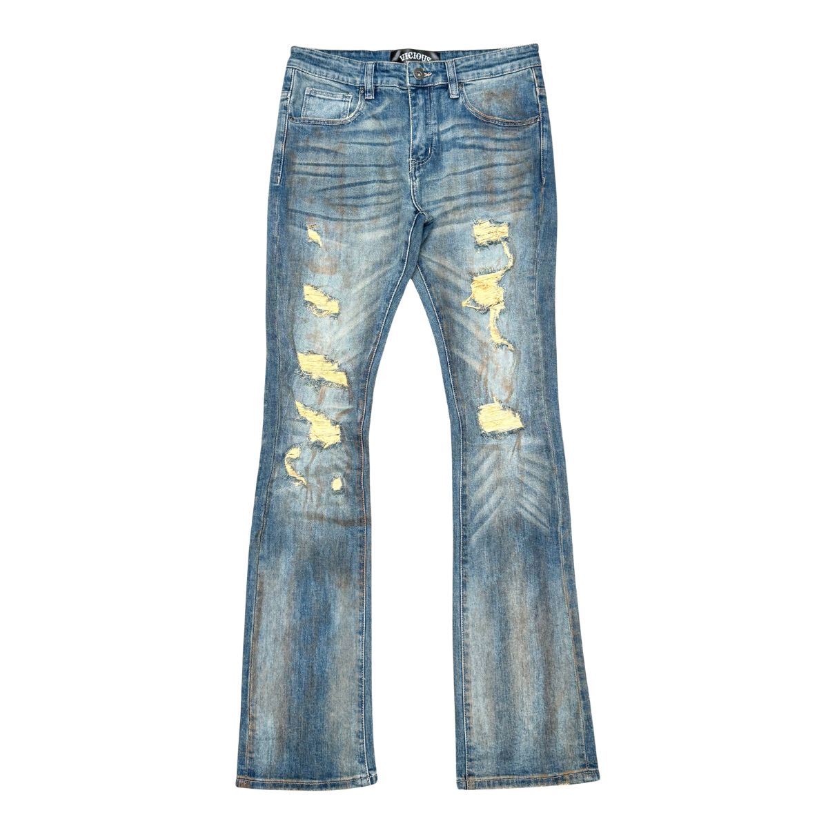 VINTAGE BLUE-RIP &amp; REPAIR PREMIUM WASH FLARE DENIM