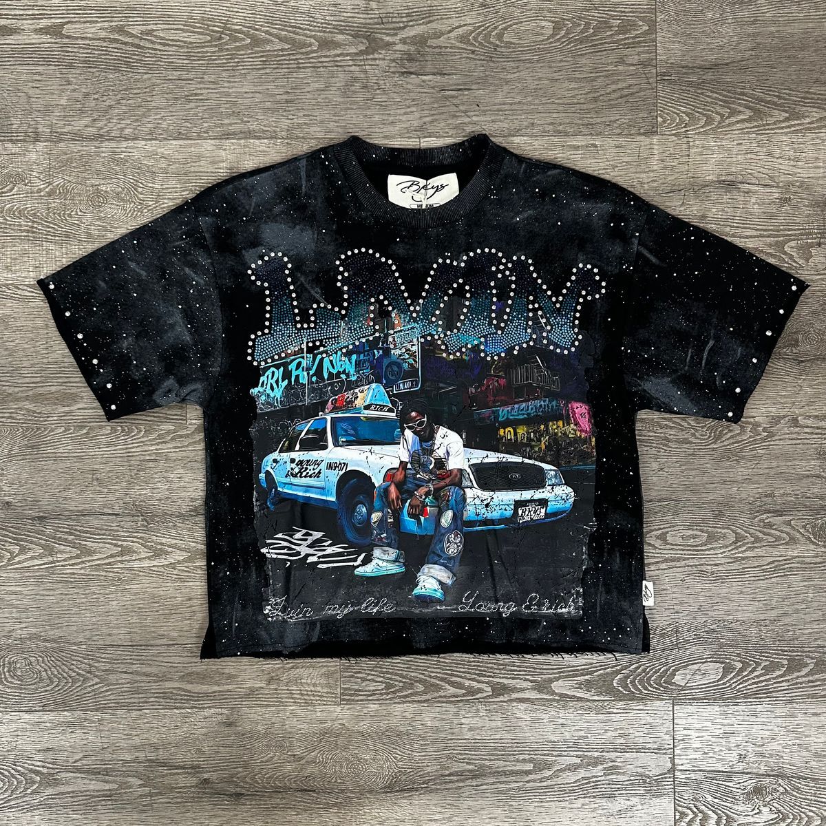 "LIVIN" F-TERRY CROPPED T-SHIRT - BLACK