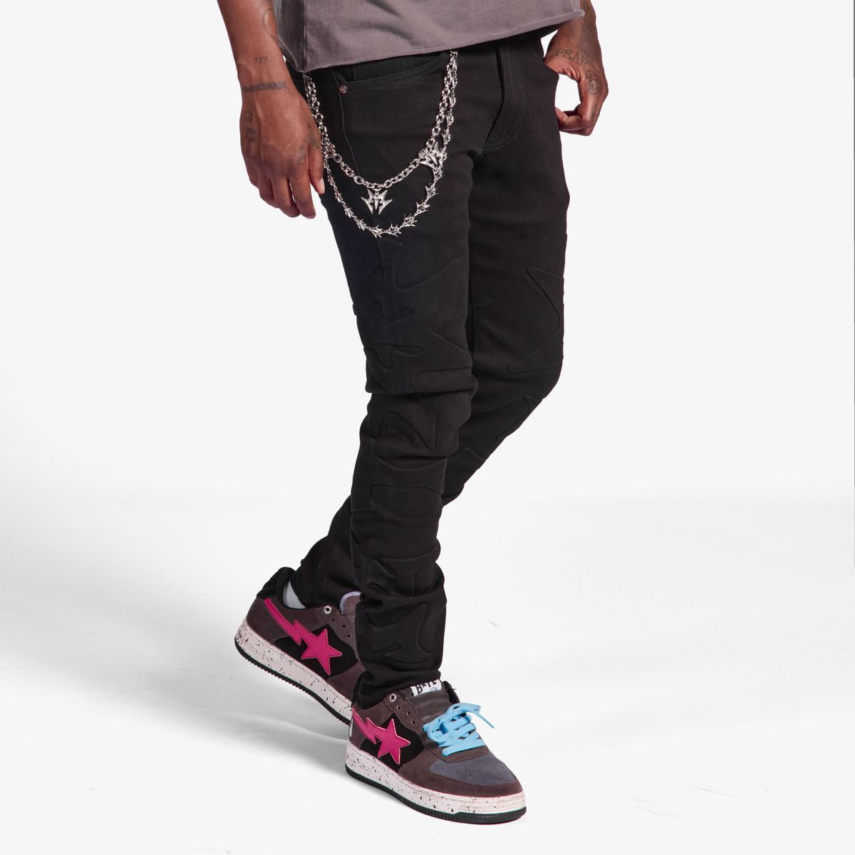 "NINJA" EMBOSSED JEANS (JET BLACK)