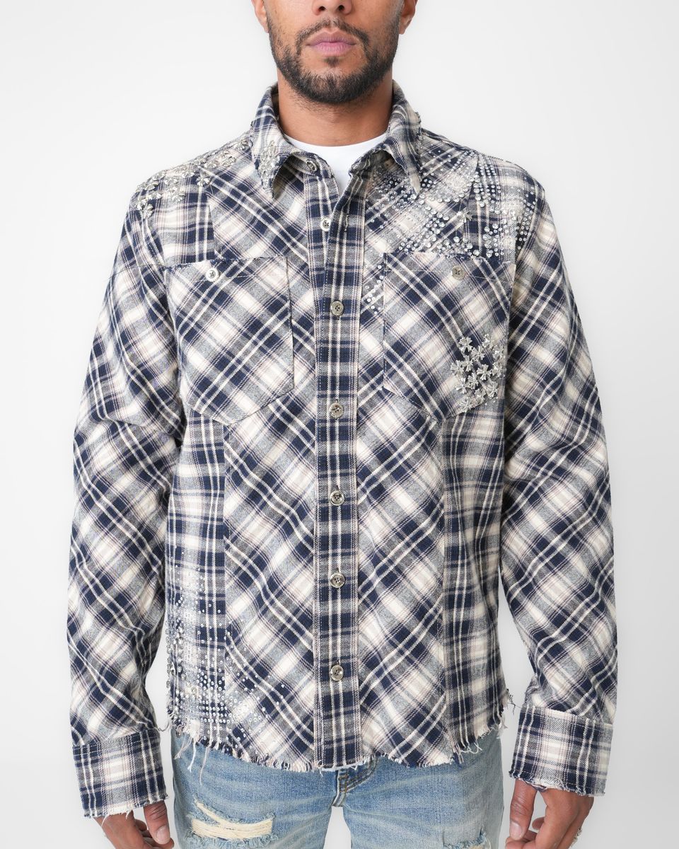 NAVY PLAID BUTTON DOWN SHIRT