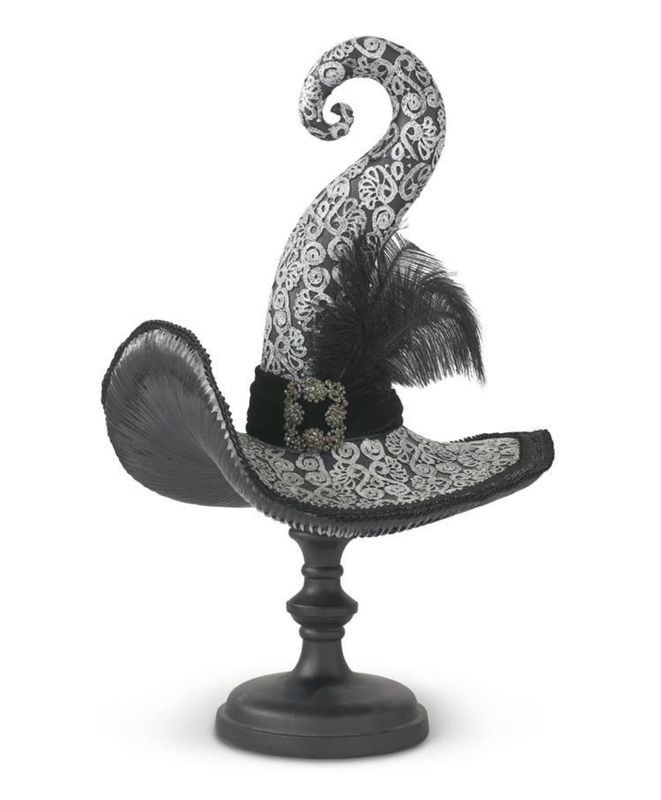 24" Black &amp; White Resin Witch Hat On Pedestal