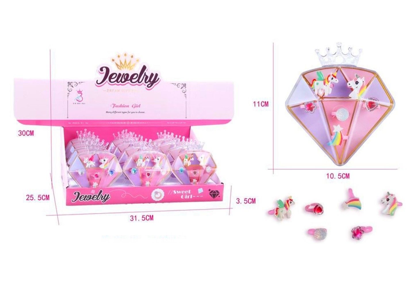 018937 JEWELLERY BOX IN DIAMOND BOX W/UNICORNS &amp; JEWLS