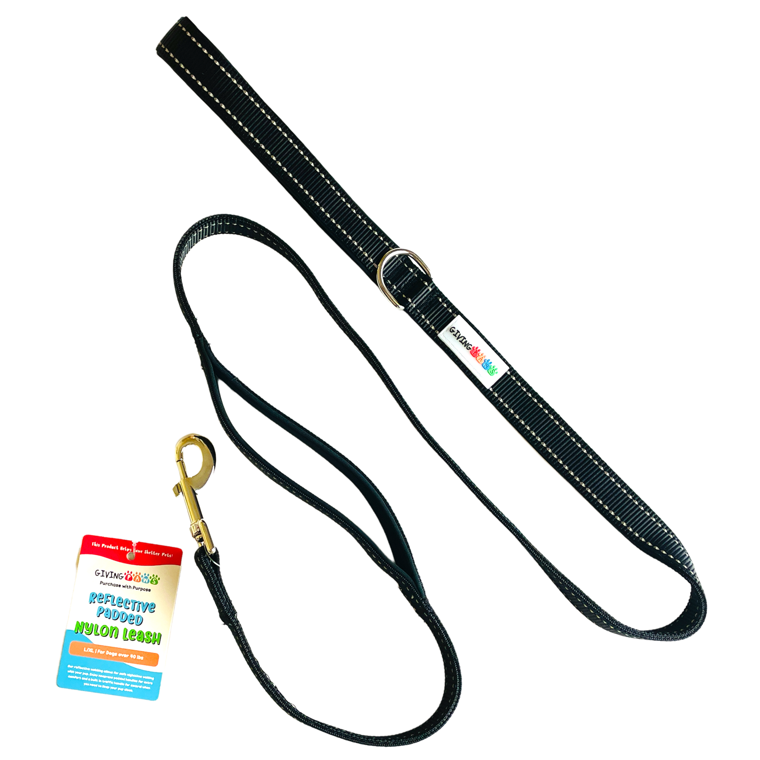 Reflective Nylon Leash with Padded Traffic Handle (5ft): Black / Large (1")