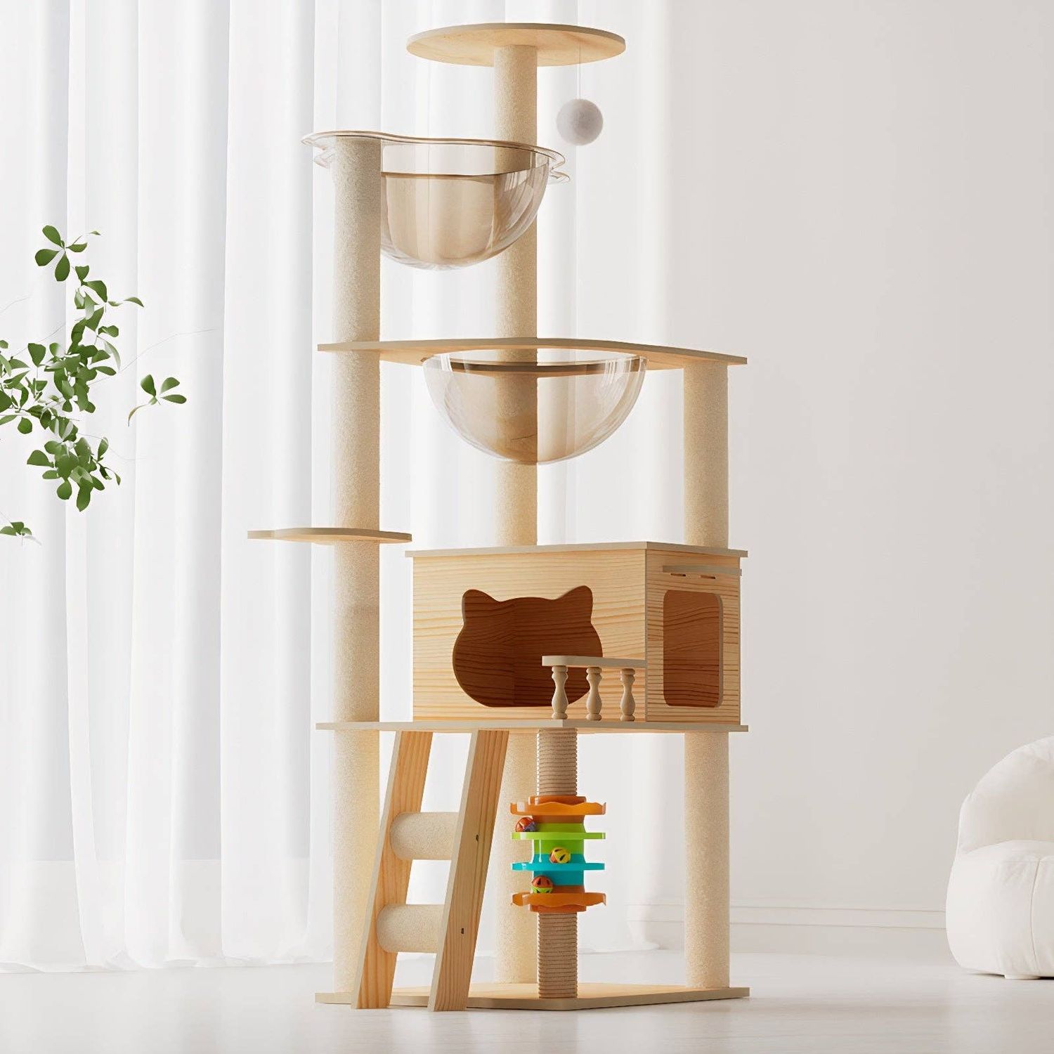59" Modern Wood Cat Tree Tower – Multi-Level Cat Condo with Sisal Scratching Posts, Acrylic Hammock &amp; Top Perch for Small and Large Indoor Cats: Default