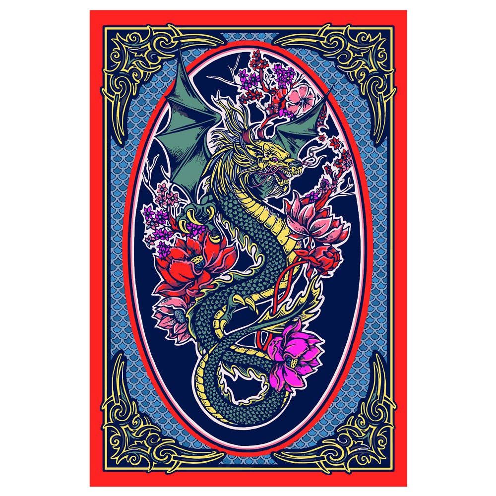 3D Dragons Flowers Tapestry