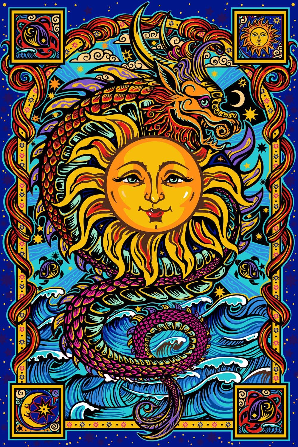 3D Dragon Sun Tapestry
