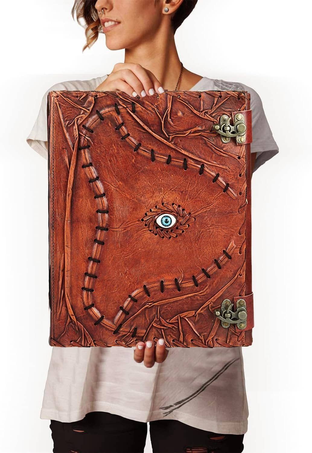 TUZECH Cutomizable Hocus Pocus Book of Spells Leather Journal Third Eye Deckle Edge Paper Grimoire Journal Vintage Book of Shadows Seven Chakra Antique Spell Book Lock Clasp Notebook Witch, Style: Unlined