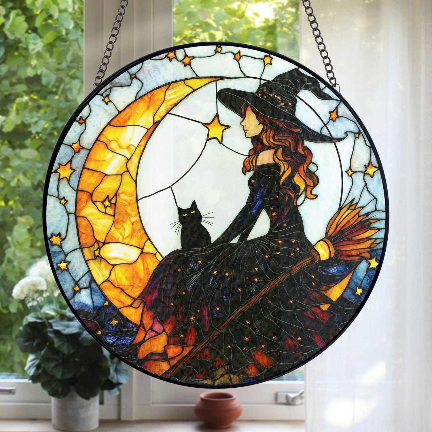 Witch And Black Cat Stained Glass Suncatcher, Halloween Art, Size: 9.8in