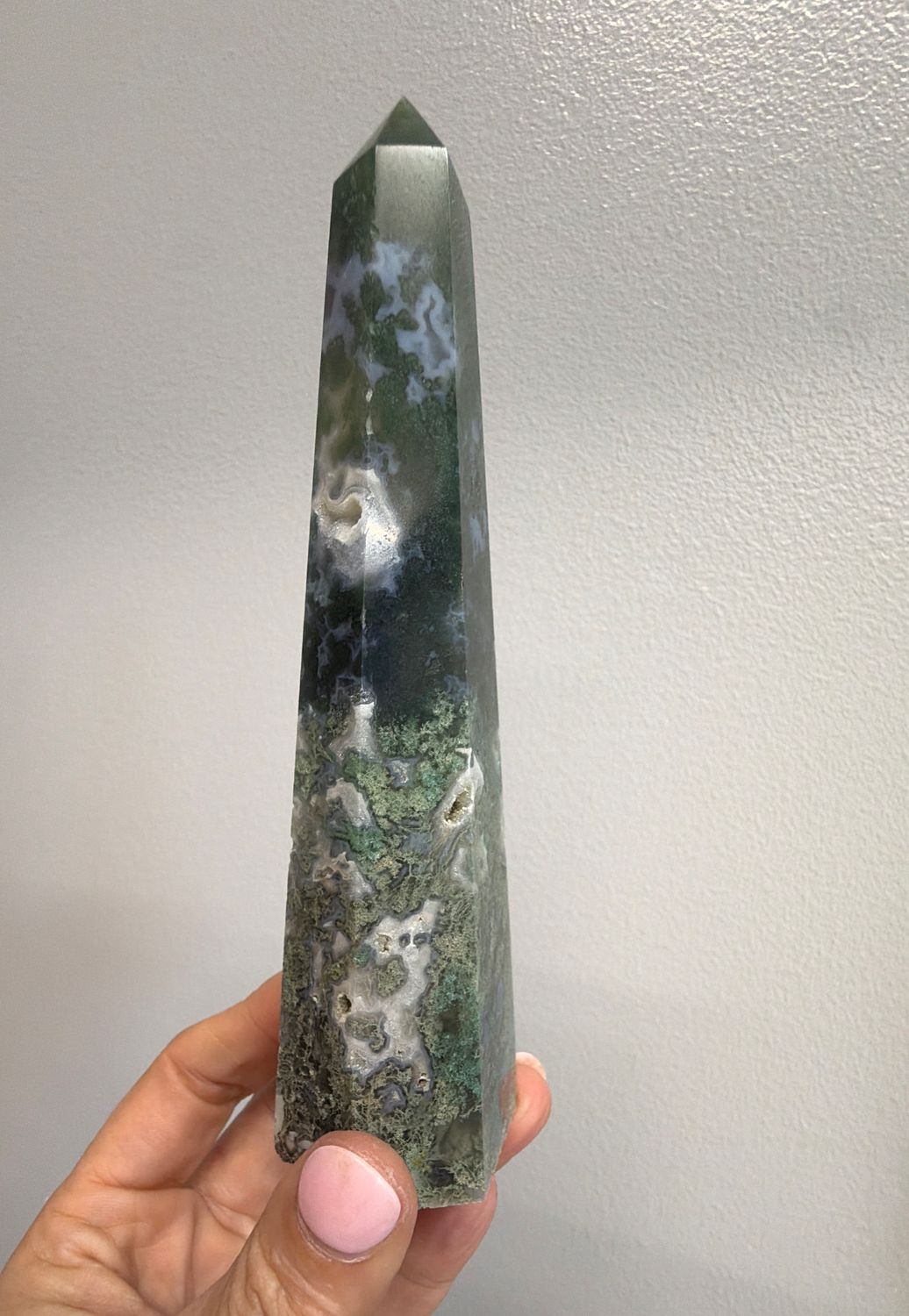 Moss Agate Obelisk 6”