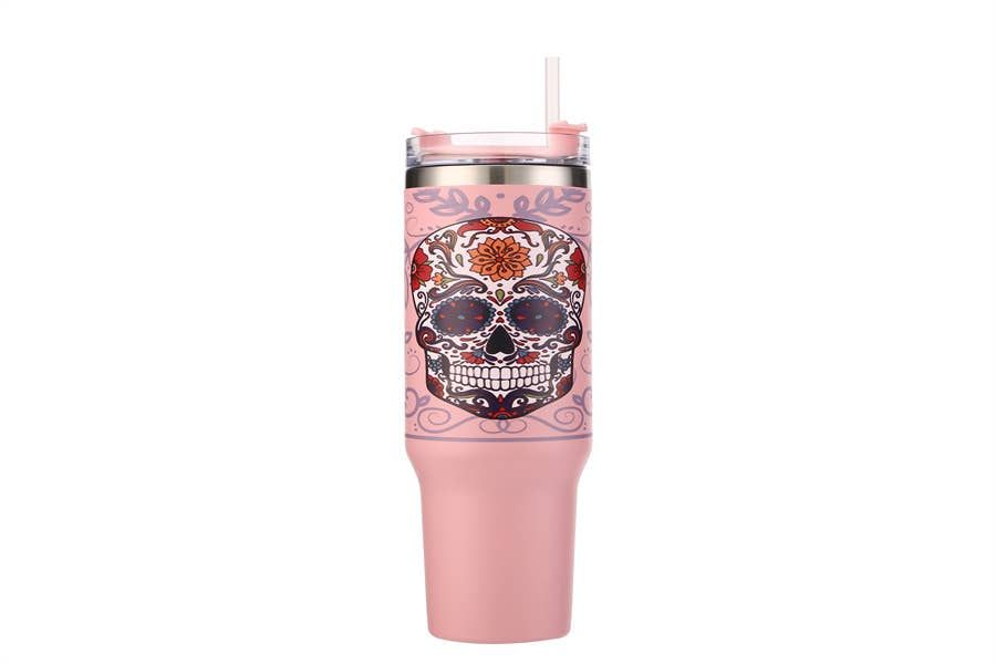 MARDI GRAS Skull Pink Tumbler with Handle 40oz