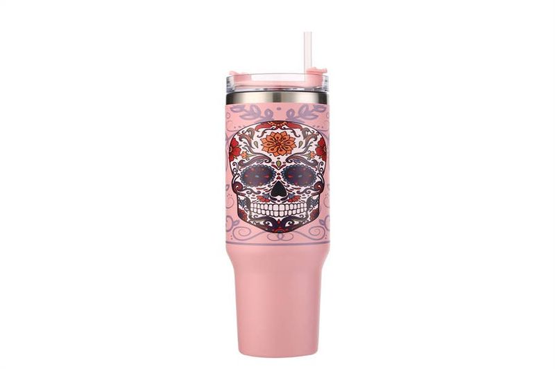 MARDI GRAS Skull Pink Tumbler with Handle 40oz
