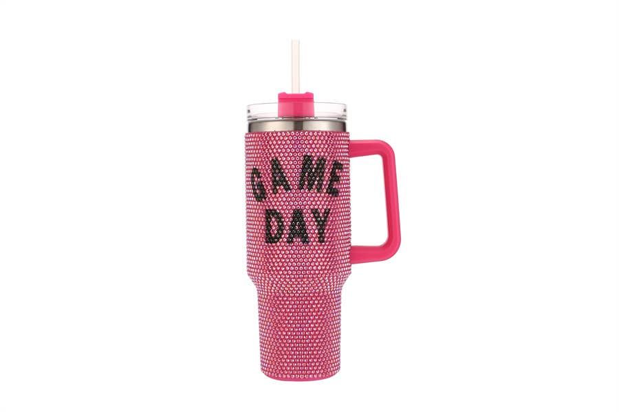 Fully Covered Rhinestone Game Day Theme 40 oz Tumbler Cup, Color: Pink