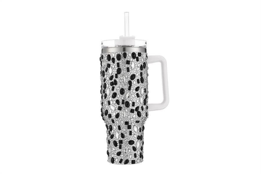 Blinged Fashionable 40 oz Tumbler Cup with Handle , Color: Black/White