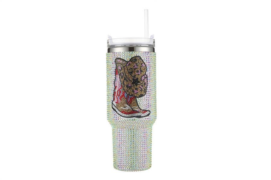 Rhinestone WESTERN Decorative Metal Tumbler Cup, Color: Clear