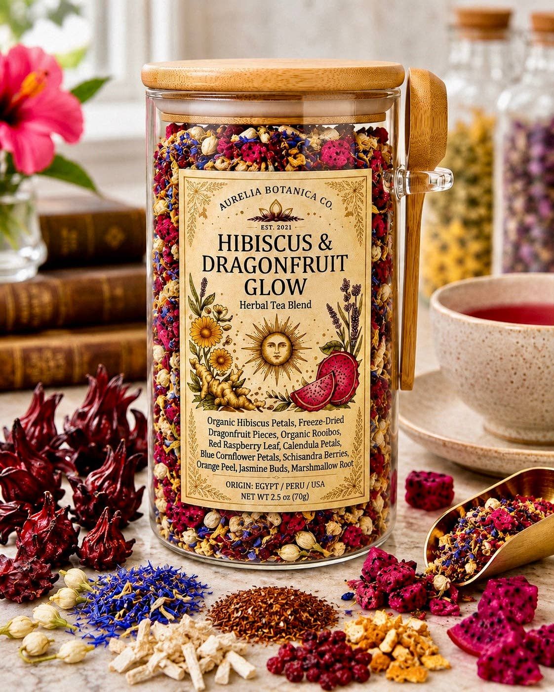 Hibiscus &amp; Dragonfruit Glow | Loose Leaf Herbal Tea | Fruity Botanical Tea, Style: Apothecary Jar