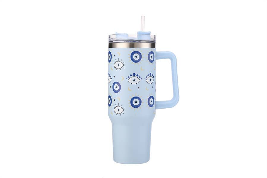 Printed EVIL EYE Theme Tumbler with Handle 40oz, Color: Blue
