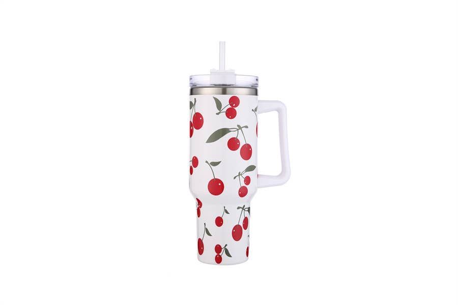 Ladies Cherries Tumbler With Handle , Color: White
