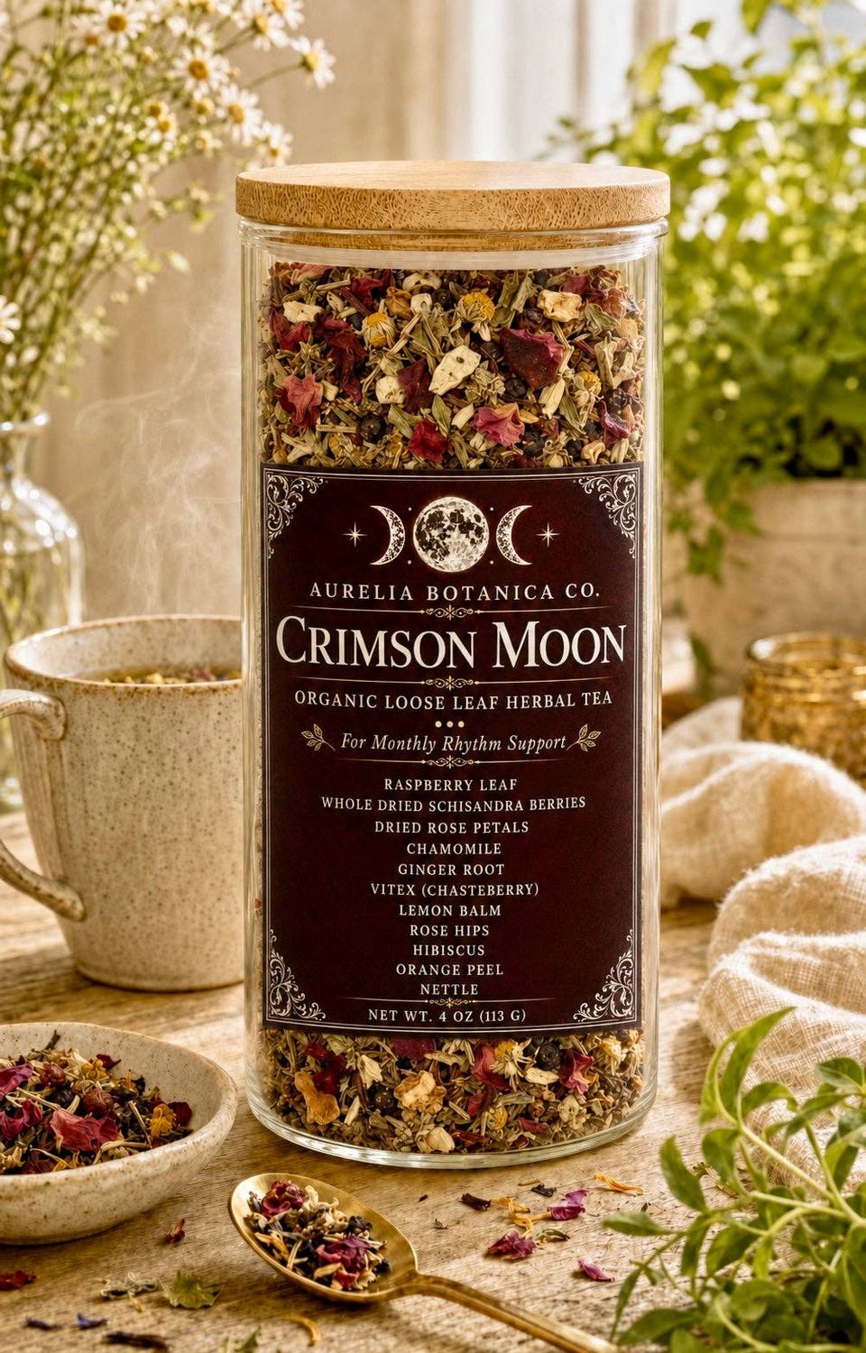 Crimson Moon Herbal Tea | Cycle Support Tea | Loose Leaf Botanical Blend | Women's Wellness, Size: Apothecary Jar