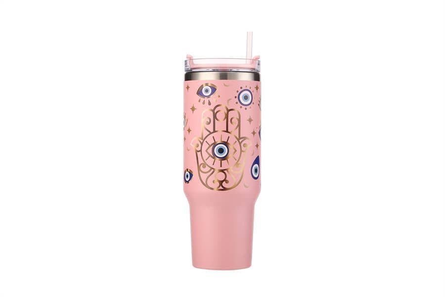Printed EVIL EYE HAMSA Tumbler with Handle 40oz, Color: Pink