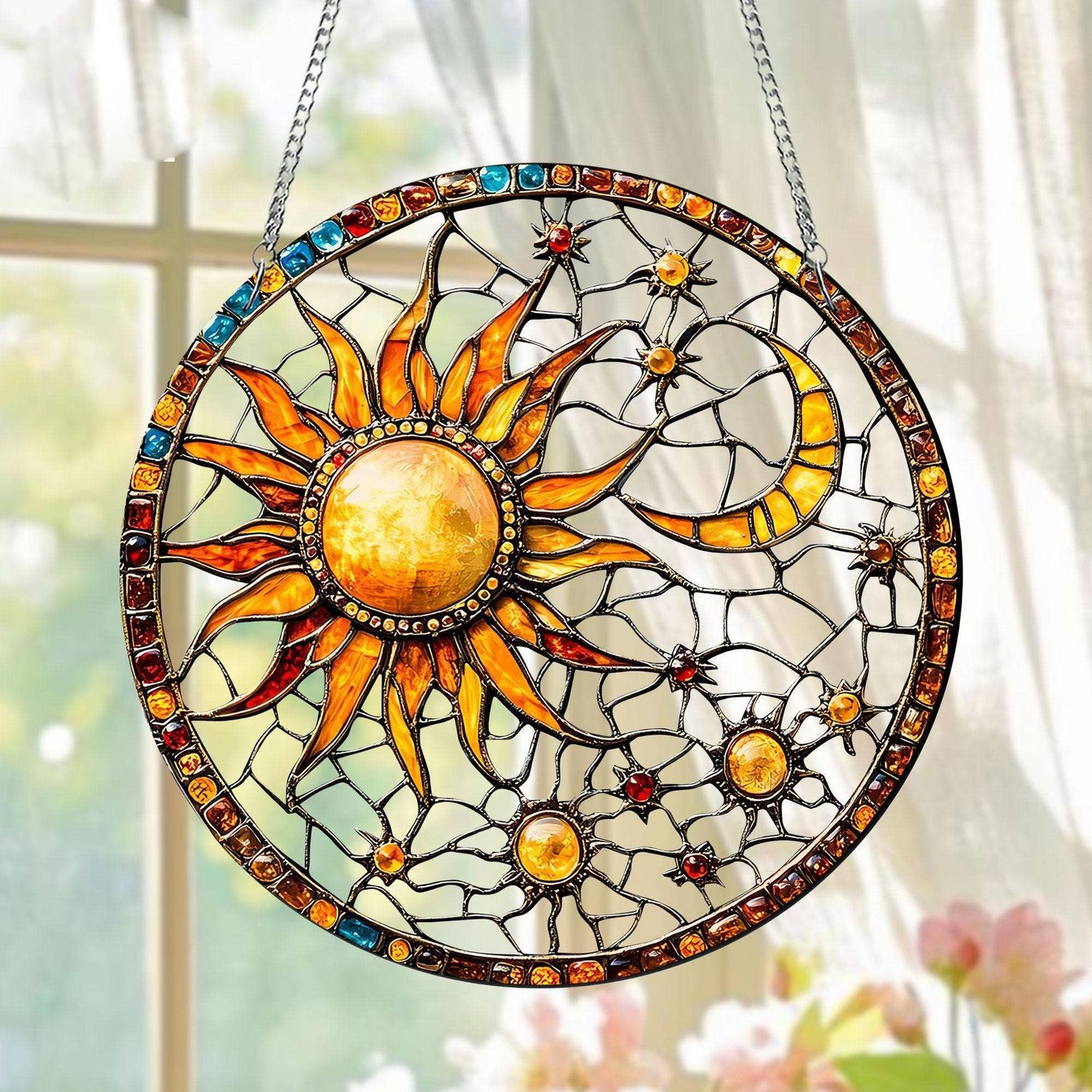Celestial Sun and Moon Stained Glass Suncatcher, Sun Decor, Size: 9.8in