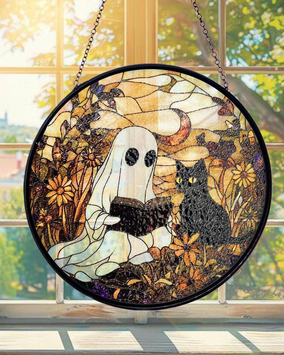 Cute Ghost and Cat Reading Book Stained Glass Suncatcher, Size: 6in