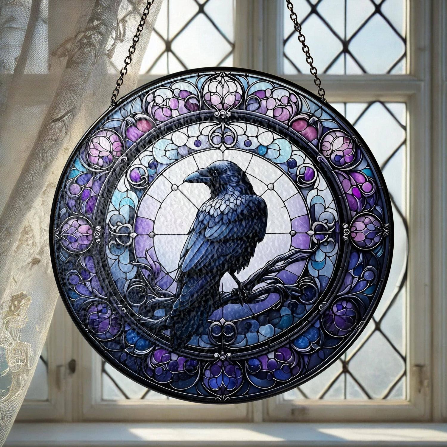 Raven Stained Glass Suncatcher, Halloween Bird Art, Size: 4in