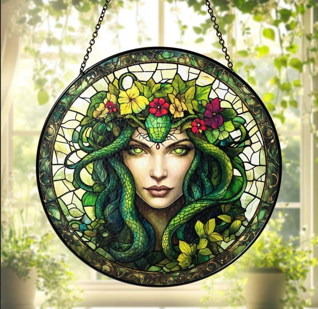 Medusa Stained Glass Suncatcher, Greek God Home Decor, Size: 11.8in