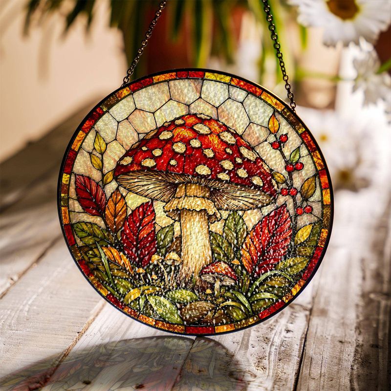 Stained Glass Mushroom Suncatcher, Cottagecore Window Decor
