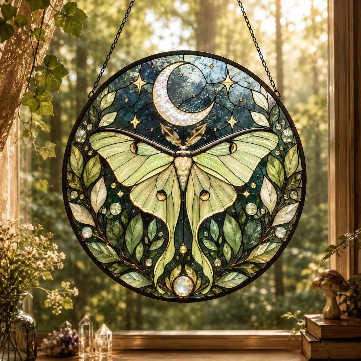 Luna Moth Stained Glass Suncatcher, Witchy Wall Decor