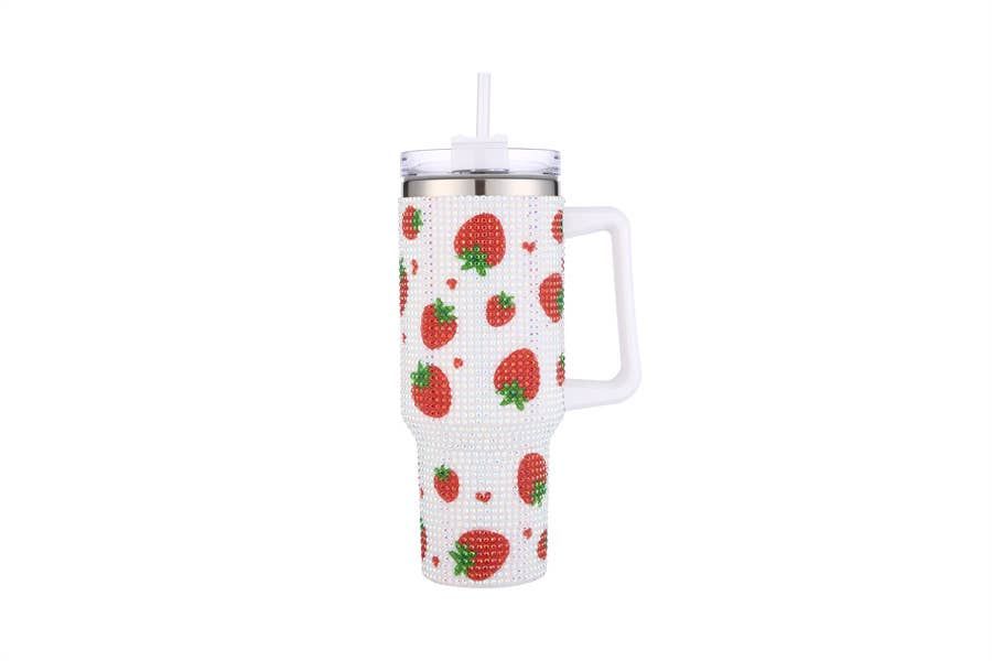 Rhinestone StrawBerries Themed Tumbler With Handle