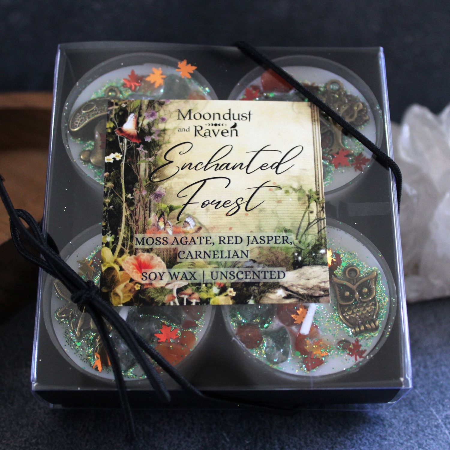 Enchanted Forest Tealight Crystal Candles, Ritual Candles