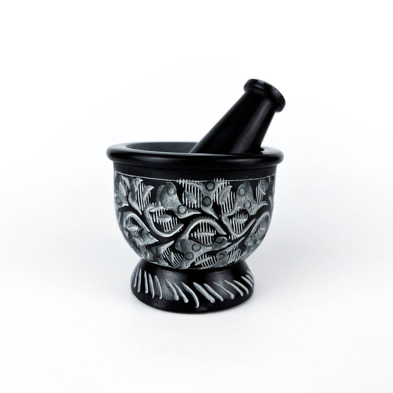 Black Carved Soapstone Mortar &amp; Pestle 2.5"H, 3"D