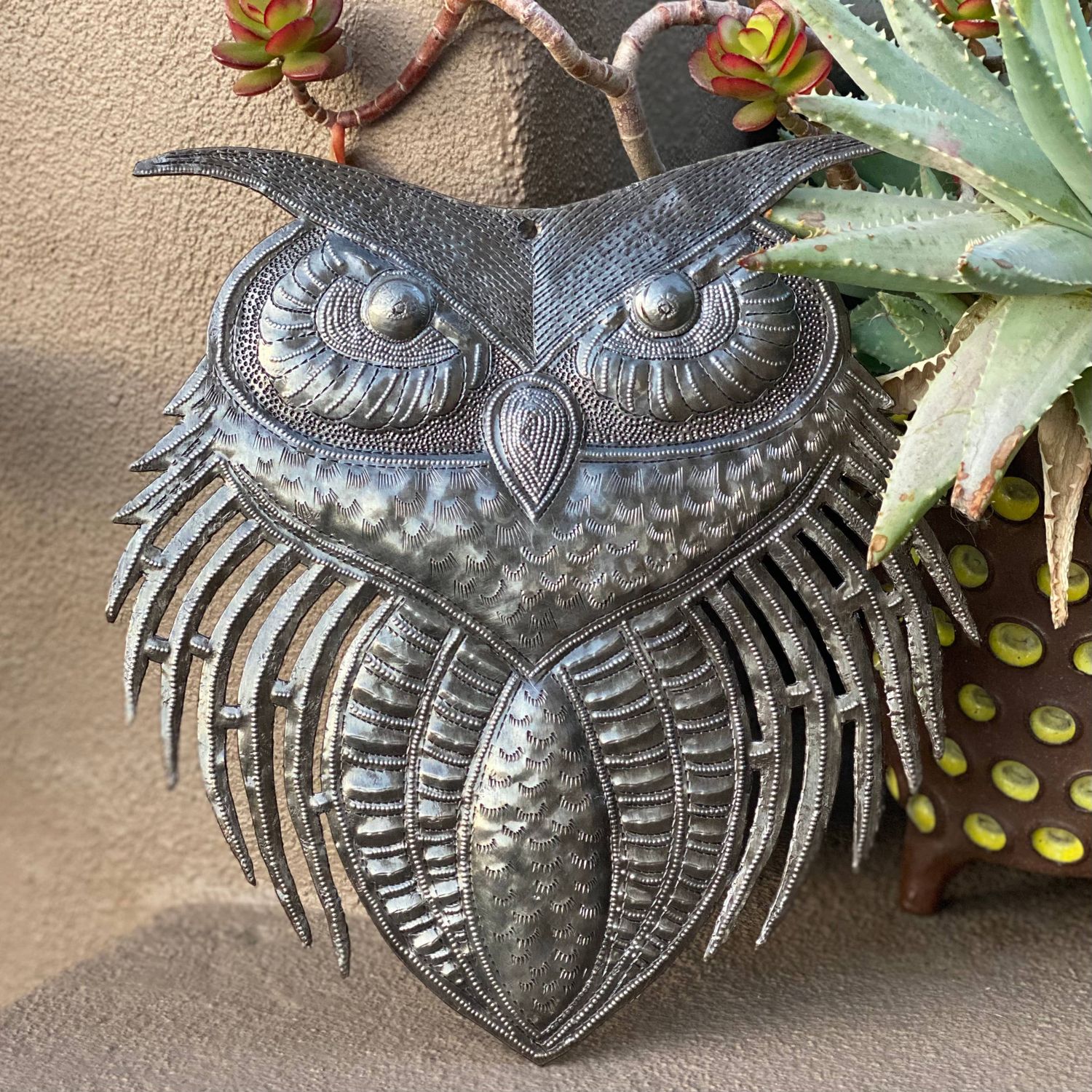 11" x 10.75" Owl Metal Wall Art, Handmade in Haiti
