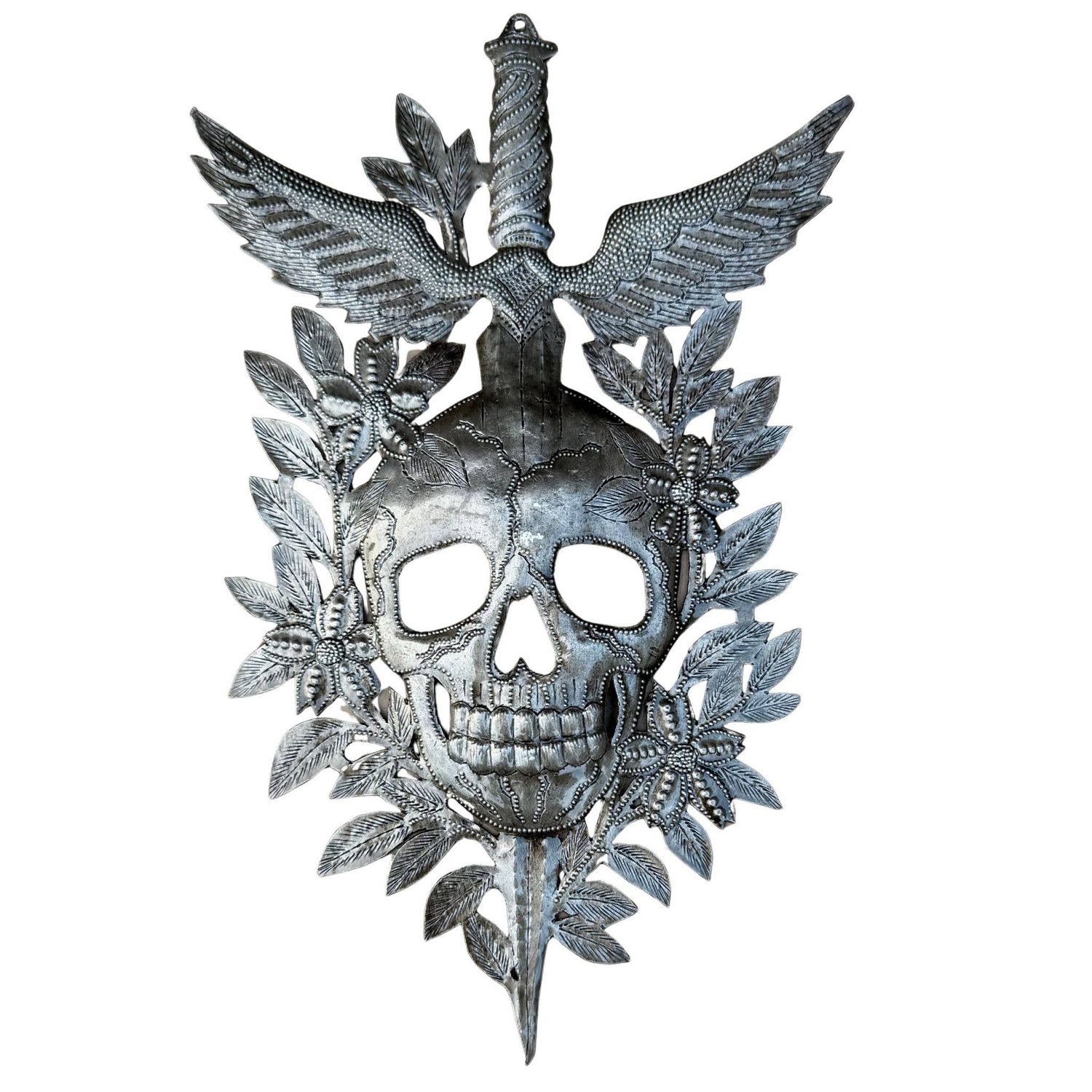 Haitian Metal Skull &amp; Sword Wall Art 11" x 7" Handmade