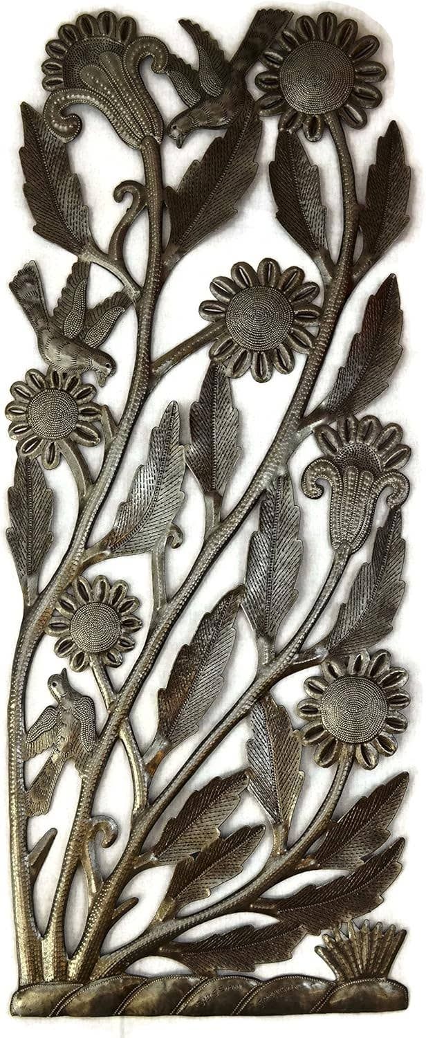 Birds &amp; Garden Flowers Haitian Metal Wall Art 13.5" x 34"