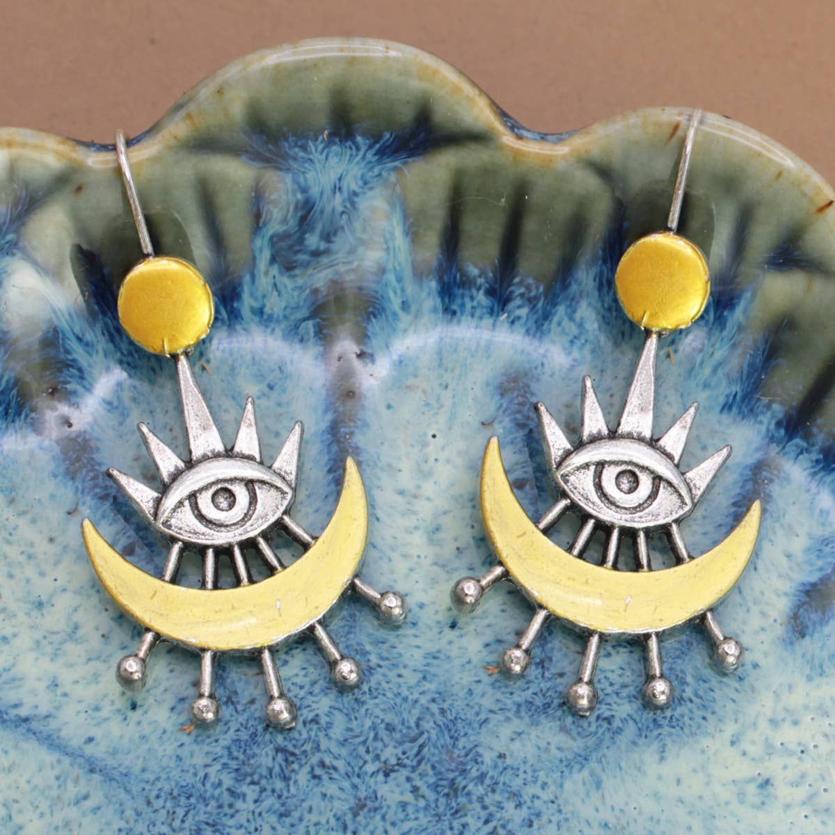 All Seeing Eye Gold Silver Moon Earrings
